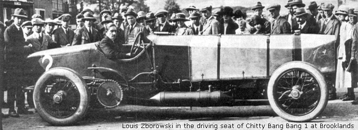 Louis Zborowski in the driving seat of Chitty Bang Bang 1 at Brooklands