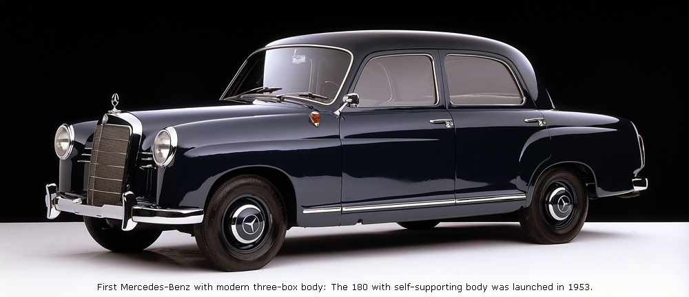 First Mercedes-Benz with modern three-box body: The 180 with self-supporting body was launched in 1953.