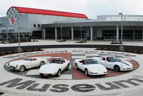 Four Corvettes from each 500,000 production milestone sit out front of the National Corvette Museum