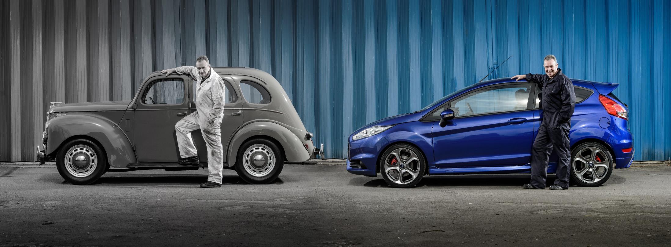 Side-by-side, Ford Prefect, born in the baby boomer period, and Ford Fiesta ST, representing the auto boomers