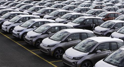 Hundreds of the all new, fully electric BMW i3 vehicles are ready for customer delivery at the Port Jersey Vehicle Distribution Center in Jersey City, New Jersey on Friday, May 2, 2014