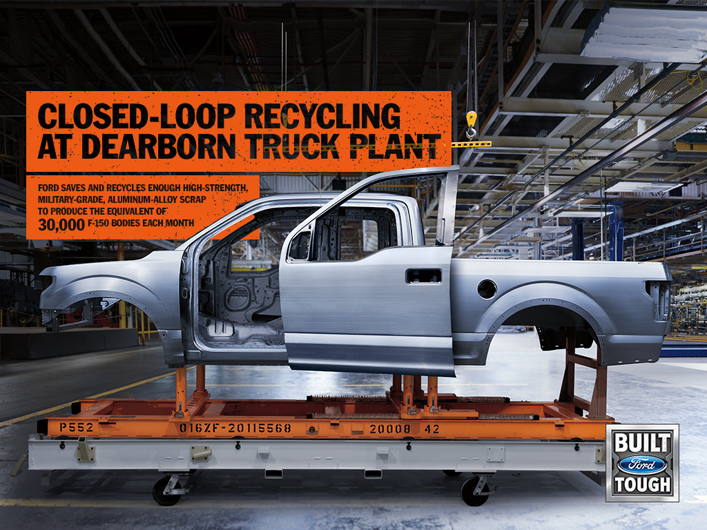 The toughest, smartest, most capable and safest F-150 ever is also the greenest F-150 – thanks to advanced materials like high-strength, military-grade aluminum alloy and EcoBoost® engine technology. Ford recycles as much as 20 million pounds of aluminum stamping scrap per month using the closed-loop system at Dearborn Truck Plant, which builds F-150. That is the equivalent of more than 30,000 F-150 bodies in the largest configuration – a SuperCrew body including doors, plus hood, tailgate and 6.5-foot cargo box.