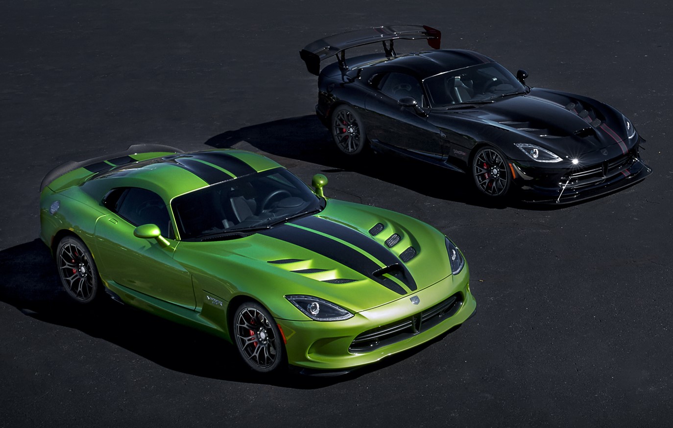 Dodge is celebrating the 25th anniversary and final year of Viper production with five exclusive limited-edition models, four of which are pictured here. (From left, the Viper Snakeskin Edition GTC, inspired by the original 2010 Snakeskin ACR; the Vooodoo II ACR, modeled after the original 2010 Viper VooDoo edition; the Viper GTS-R Commemorative Edition ACR, designed to pay tribute to one of the most distinguishable and iconic Viper paint schemes of all time – the white and blue combination of the 1998 Viper GTS-R GT2 Championship Edition;  and the Viper 1:28 ACR, which pays tribute to the current production car single lap record of 1:28.65 set by champion driver Randy Pobst in a 2016 Dodge Viper ACR at historic Laguna Seca Raceway in Monterey, Calif., in October 2015. A fifth Dodge Dealer Edition Viper ACR, not shown, is available through select Dodge dealers.