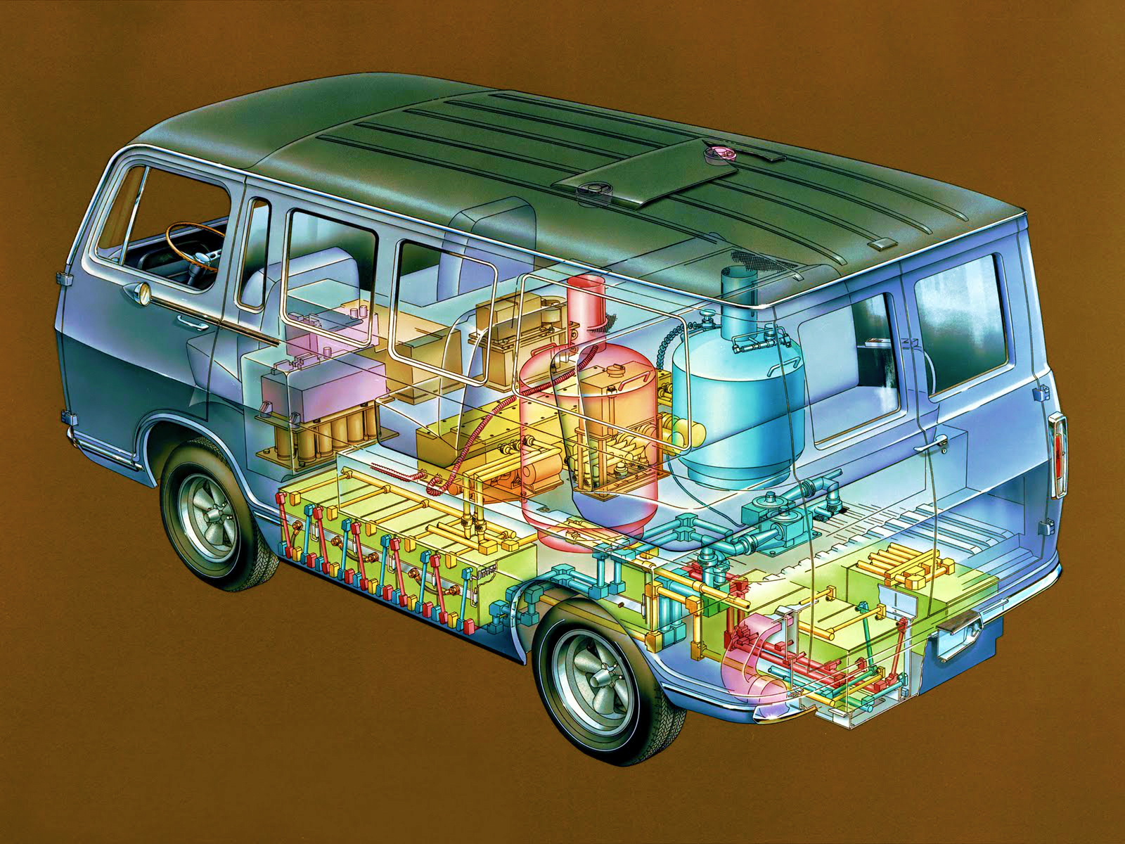 The General Motors Electrovan celebrates its 50th anniversary as the world’s first hydrogen-power fuel cell vehicle in October. It was the first transfer of fuel cell technology from President John F. Kennedy’s challenge to NASA to safely land a man on the moon by the end of the 1960s. This technical art shows the Electrovan’s interior crammed with fuel cell componentry that left room for only a driver and two passengers.