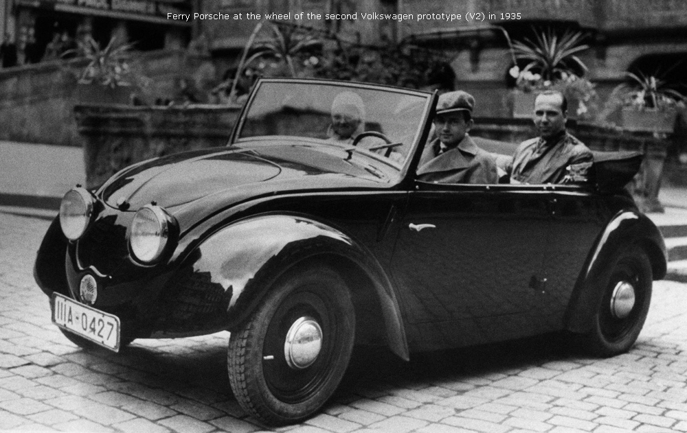 Ferry Porsche at the wheel of the second Volkswagen prototype (V2) in 1935